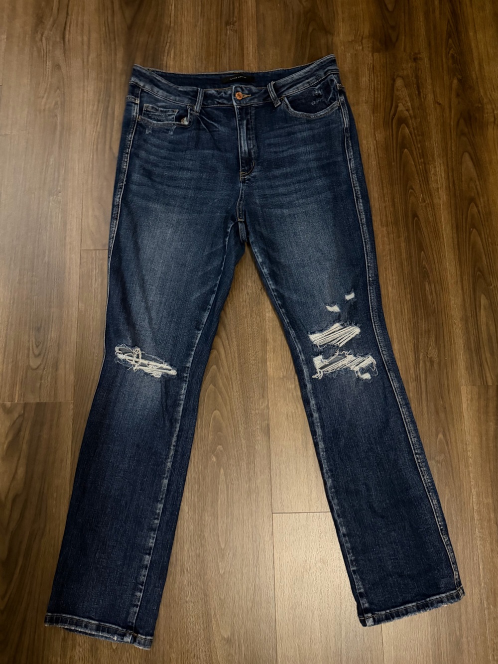 Flying Monkey Women’s Dark Distressed High Rise Slim Straight Jeans